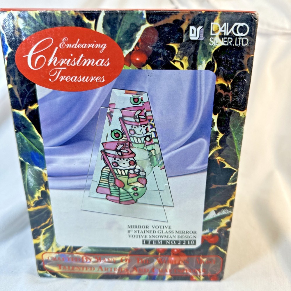 Davco Silver Ltd Christmas 8" Snow Man Stained Glass Mirror Votive NIB